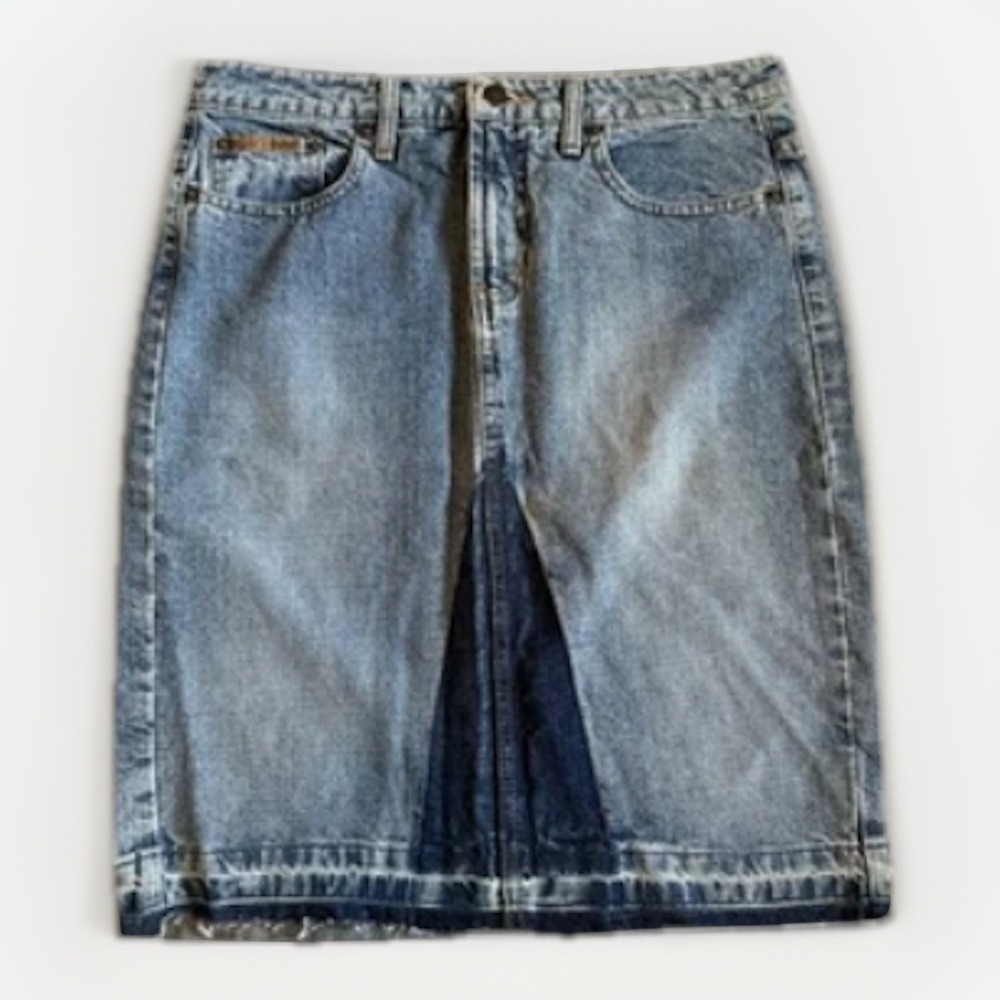 LEI Denim Skirt Y2K 2000s Two Toned Blue Cotton Raw Hem Jean Pockets‎ Size 5